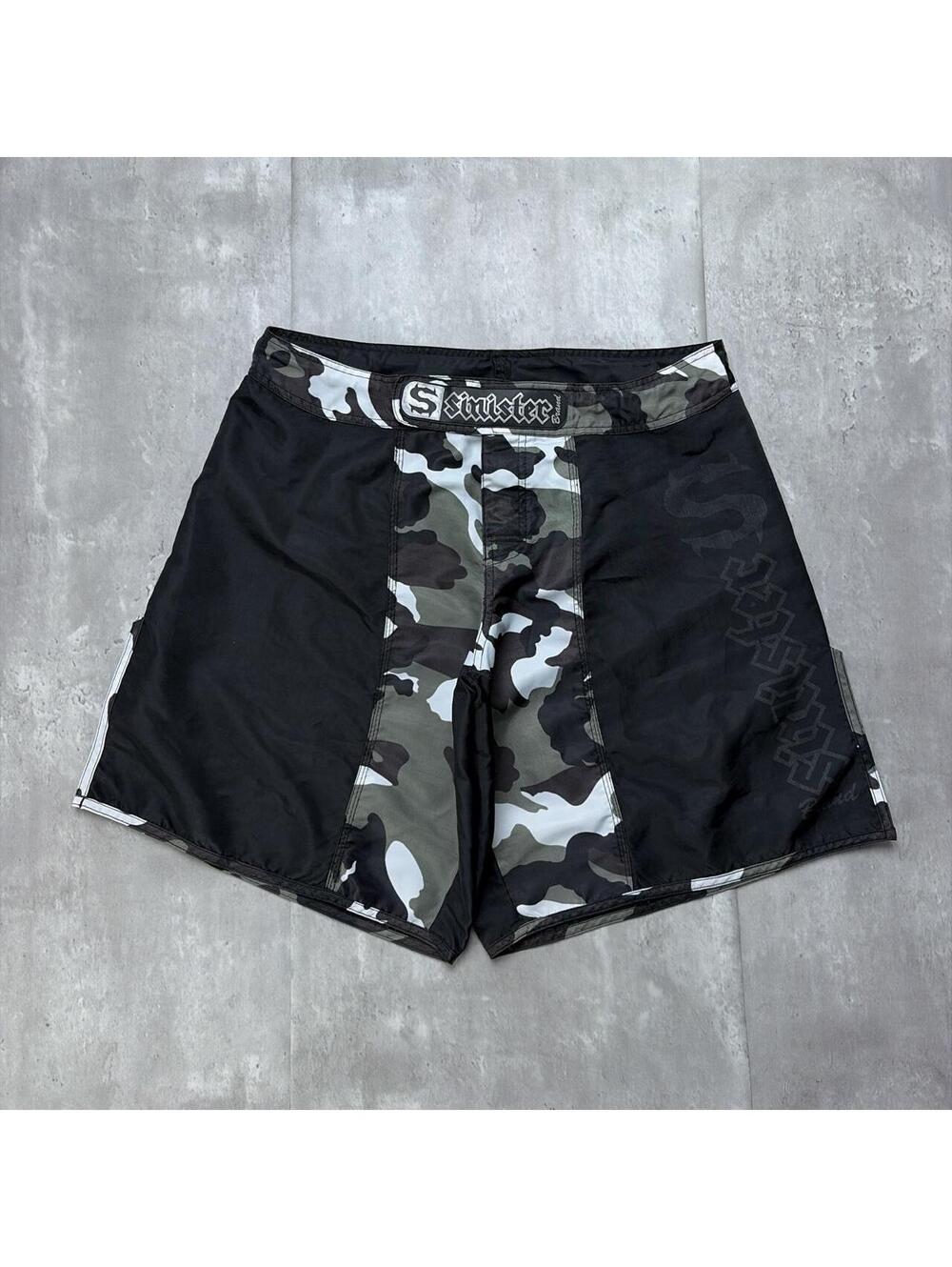 Y2K Black Sinister Surf Grunge Gothic Camo Baggy Board Shorts